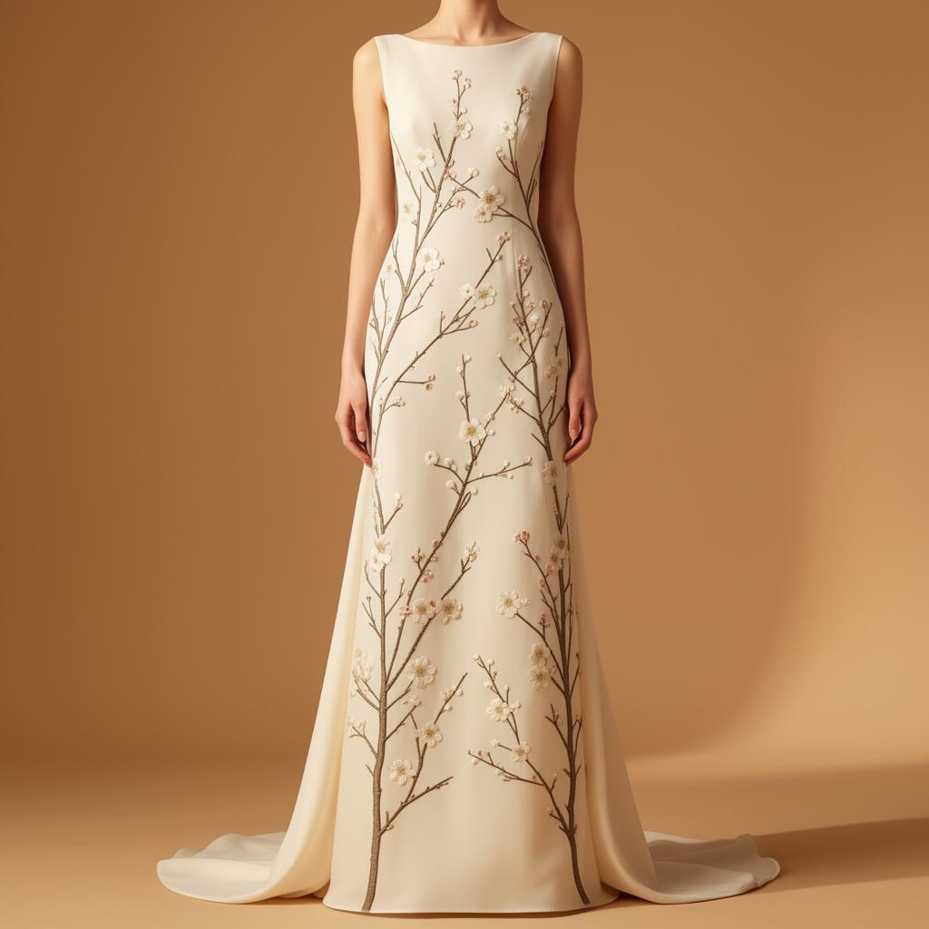 Robe Lian — Crème, broderies de branches en fleurs.