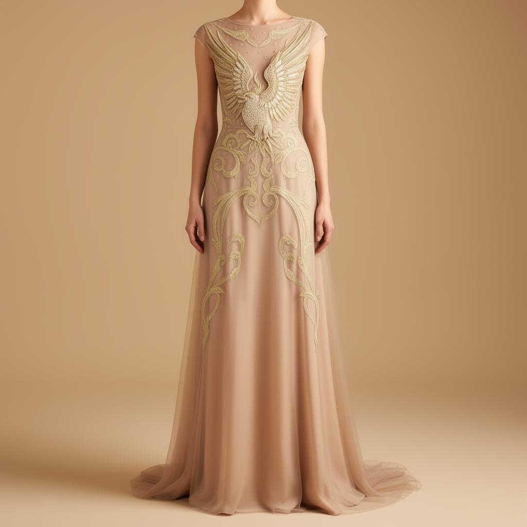 Robe Shirin — Champagne, oiseau mythique et arabesques pâles.