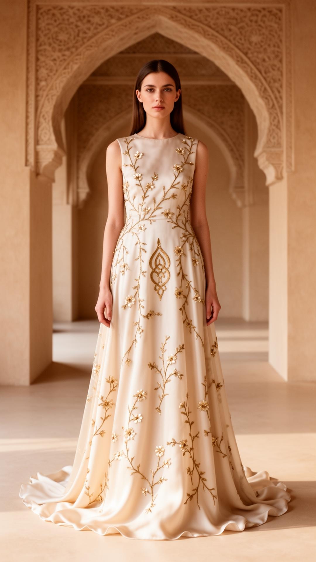 Robe brodée Pariya — silhouette ivoire aux broderies dorées