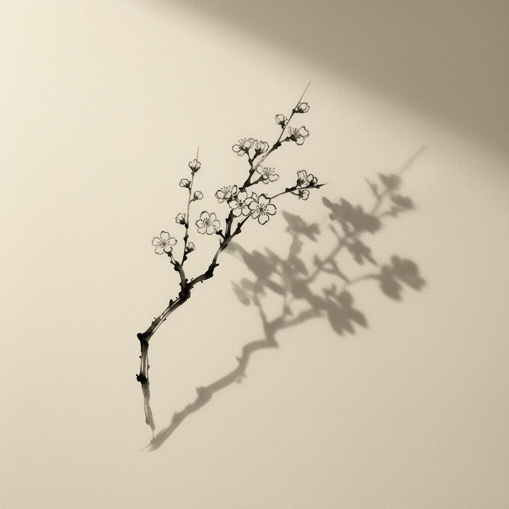 Branche en fleur et son ombre sur un mur crème